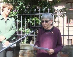 Joan Long Salomon 2_sml Joan speaking at Stolpersteine laying in Mainz.